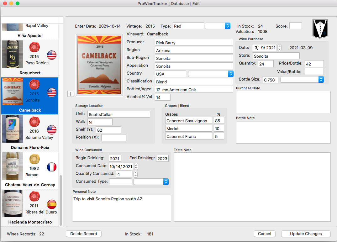 Wine Cellar Tracker Wine Editor